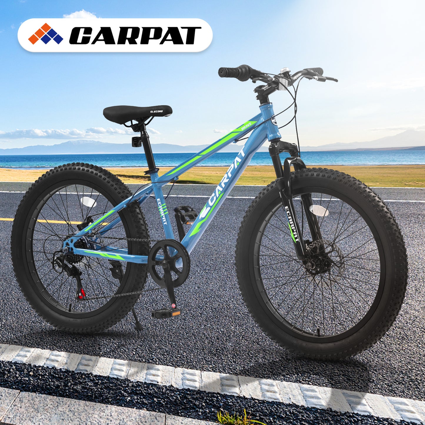 S24109 24 Inch Fat Tire Bike Adult-Youth Full Shimano 7 Speeds Mountain Bike, Dual Disc Brake, High-Carbon Steel Frame, Front Suspension, Mountain Trail Bike, Urban Commuter City Bicycle