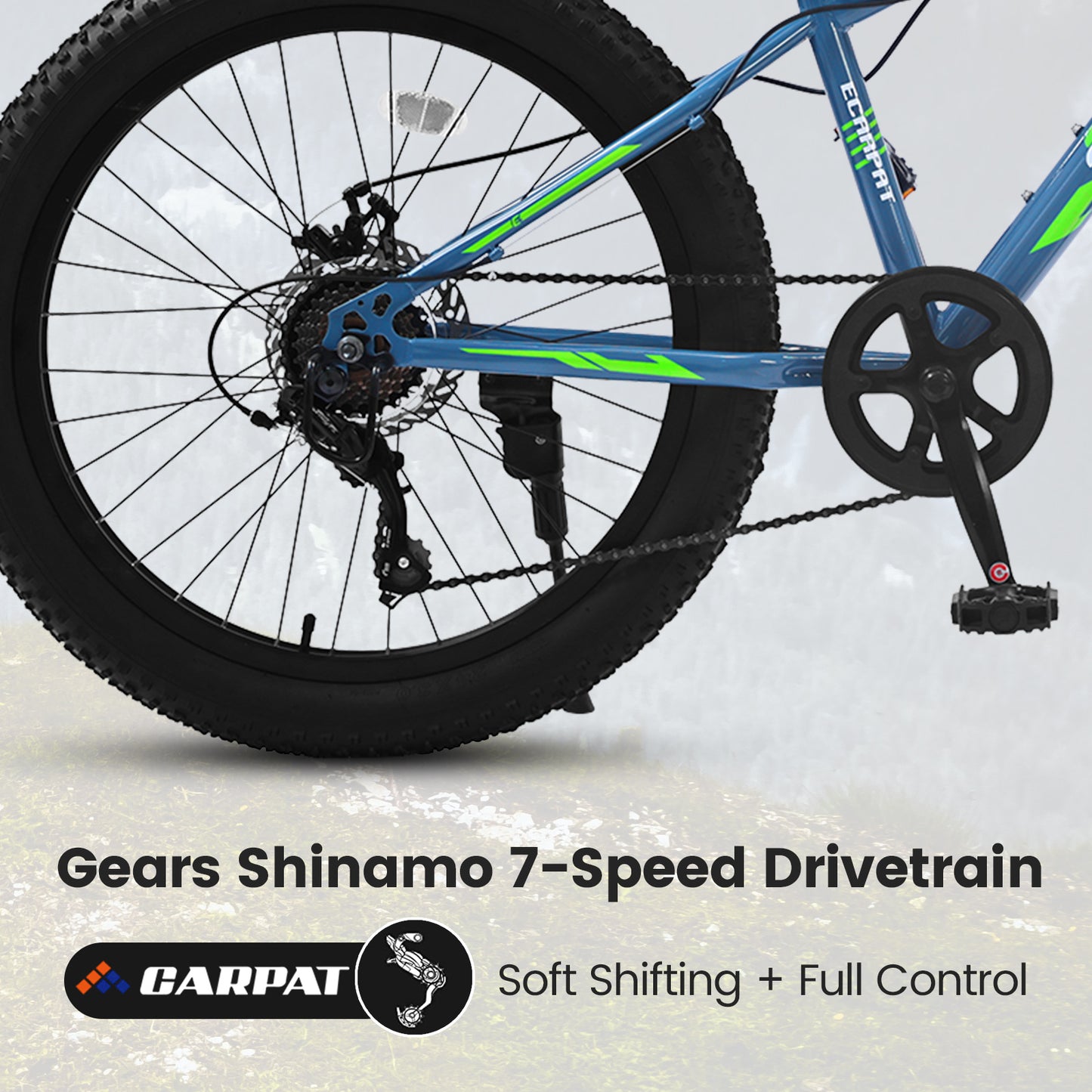 S24109 24 Inch Fat Tire Bike Adult-Youth Full Shimano 7 Speeds Mountain Bike, Dual Disc Brake, High-Carbon Steel Frame, Front Suspension, Mountain Trail Bike, Urban Commuter City Bicycle