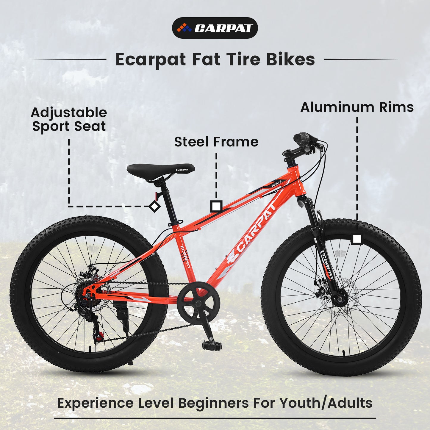S24109 24 Inch Fat Tire Bike Adult-Youth Full Shimano 7 Speeds Mountain Bike, Dual Disc Brake, High-Carbon Steel Frame, Front Suspension, Mountain Trail Bike, Urban Commuter City Bicycle