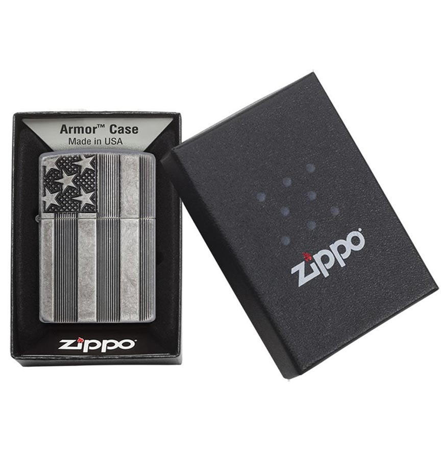 Zippo Windproof Lighter U.s. Flag Armor Case Antique Slilver Plate Finish