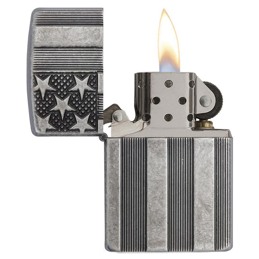 Zippo Windproof Lighter U.s. Flag Armor Case Antique Slilver Plate Finish