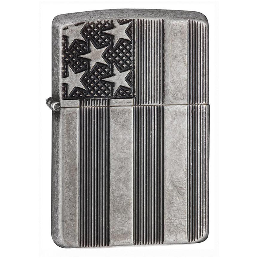 Zippo Windproof Lighter U.s. Flag Armor Case Antique Slilver Plate Finish