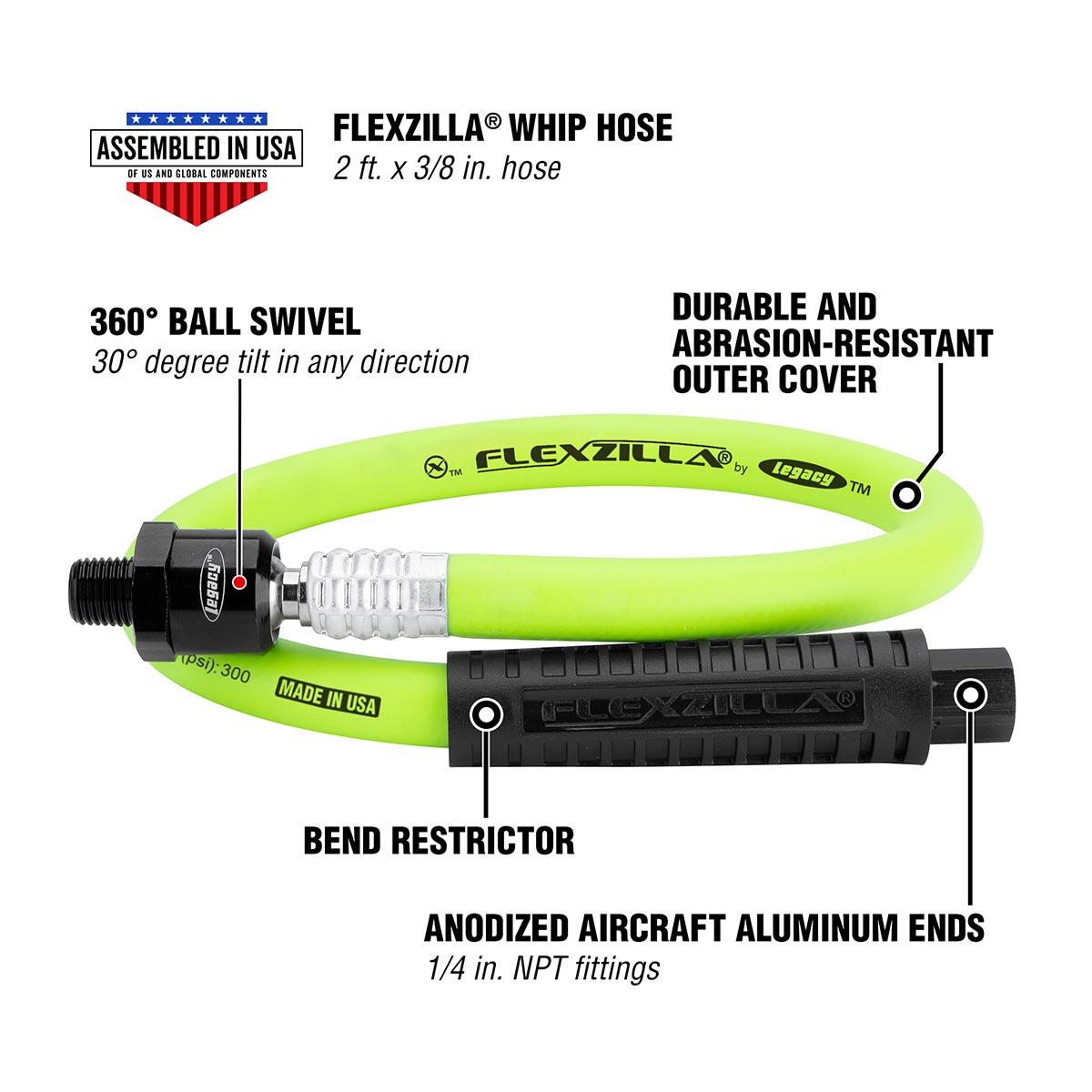 Flexzilla® Whip Hose With Ball Swivel 3/8" X 2' Zillagreen®