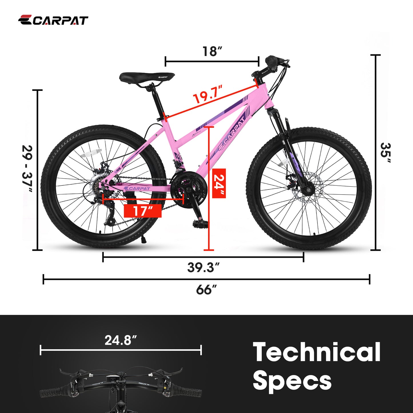 S24103 24 Inch Mountain Bike For Teenagers Girls Women, Shimano 21 Speeds With Dual Disc Brakes And 100mm Front Suspension, White-Pink