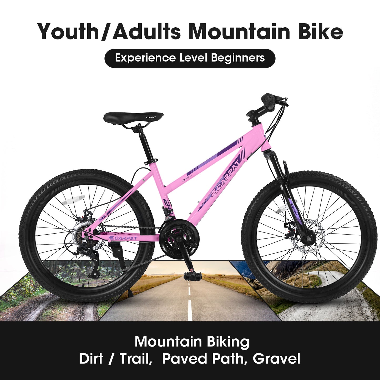 S24103 24 Inch Mountain Bike For Teenagers Girls Women, Shimano 21 Speeds With Dual Disc Brakes And 100mm Front Suspension, White-Pink