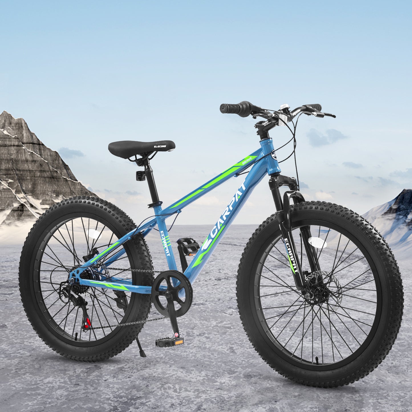 S24109 24 Inch Fat Tire Bike Adult-Youth Full Shimano 7 Speeds Mountain Bike, Dual Disc Brake, High-Carbon Steel Frame, Front Suspension, Mountain Trail Bike, Urban Commuter City Bicycle