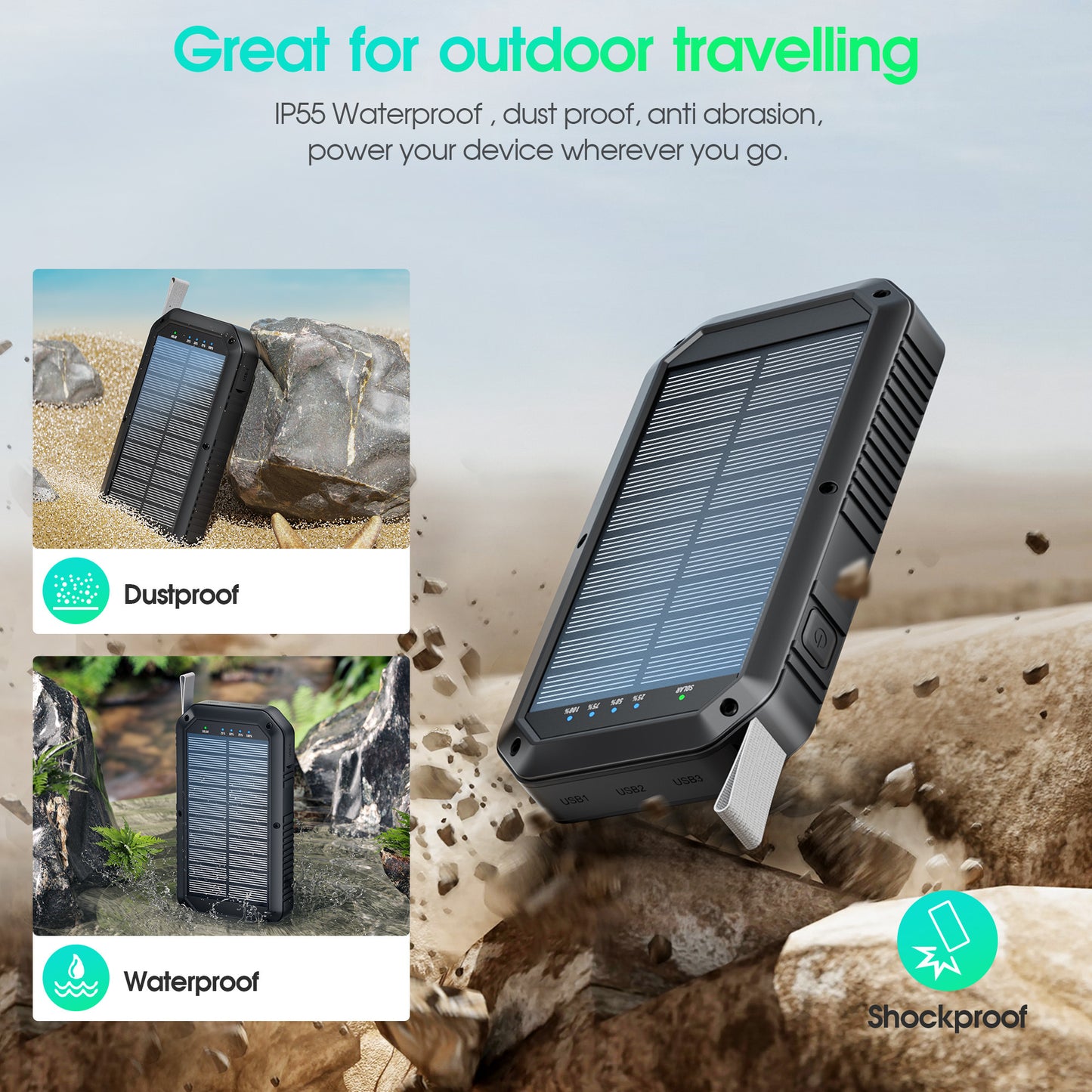 3USB-A Wireless Rechargeable Power Bank With Camping Light