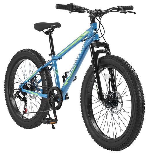 S24109 24 Inch Fat Tire Bike Adult-Youth Full Shimano 7 Speeds Mountain Bike, Dual Disc Brake, High-Carbon Steel Frame, Front Suspension, Mountain Trail Bike, Urban Commuter City Bicycle