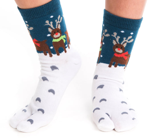 1 Pair - V-Toe Flip Flop Tabi Socks - Reindeer Pattern by V-Toe Socks, Inc